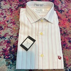 Christian Dior Juene Homme Men's White Dress Shirt with Pink Pinstripes 16 NWT